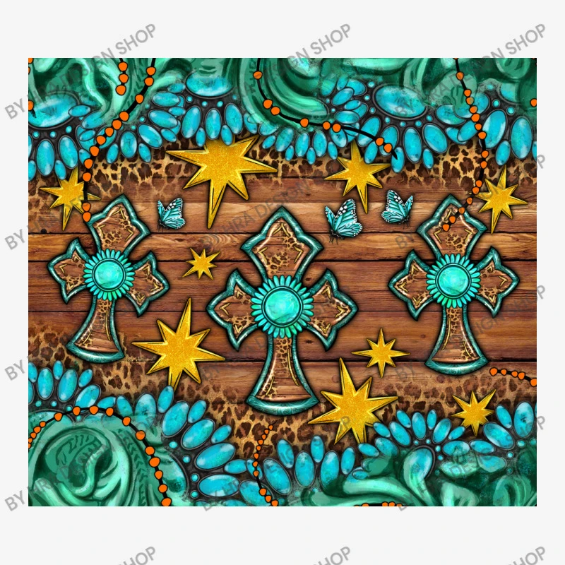 Western Cross With Gemstone And Tooled Leather All Over Women's T-shirt - Image 5