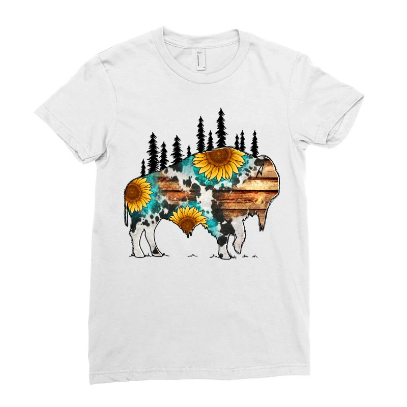 Western Bison With Sunflowers Ladies Fitted T-Shirt - Image 3