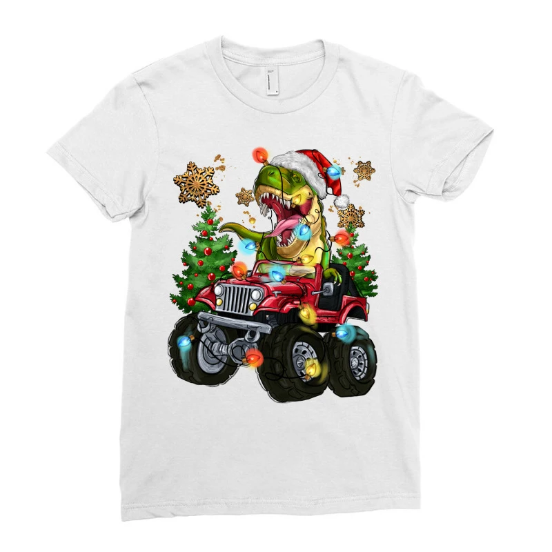 Christmas T-rex With Monster Truck Ladies Fitted T-Shirt - Image 3