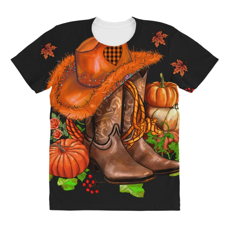 Fall Pumpkins Cowgirl And Roses All Over Women's T-shirt - Image 3