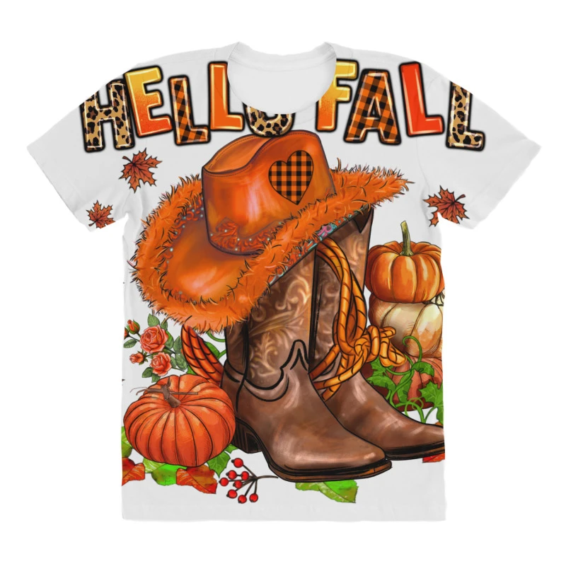 Hello Fall Pumpkins Cowgirl And Roses All Over Women's T-shirt - Image 3