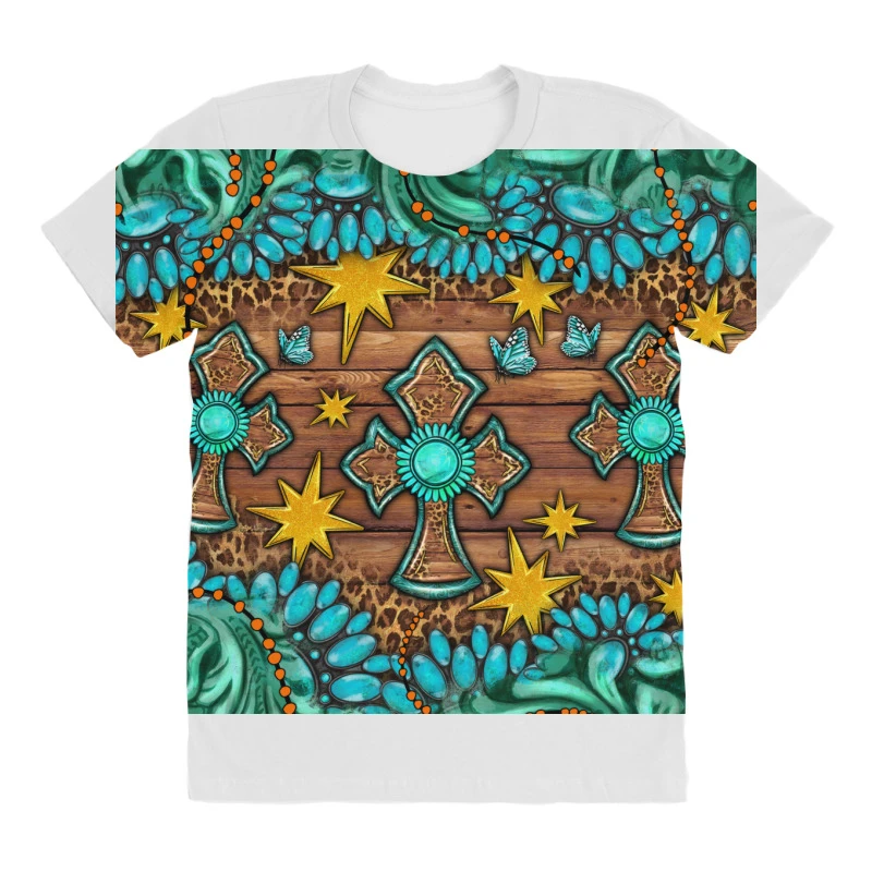 Western Cross With Gemstone And Tooled Leather All Over Women's T-shirt - Image 3