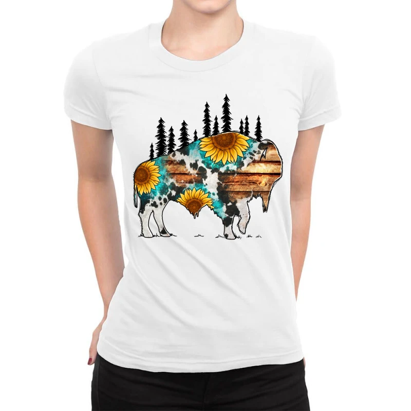 Western Bison With Sunflowers Ladies Fitted T-Shirt