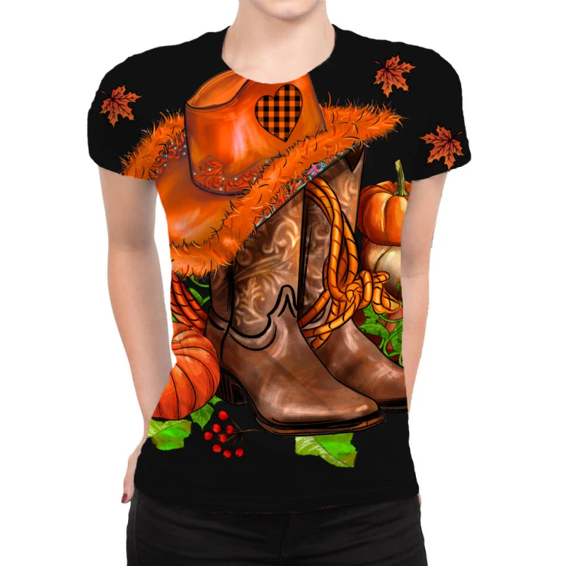 Fall Pumpkins Cowgirl And Roses All Over Women's T-shirt