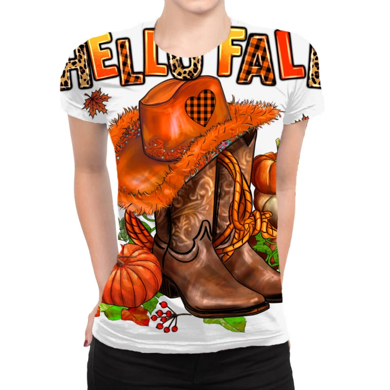 Hello Fall Pumpkins Cowgirl And Roses All Over Women's T-shirt