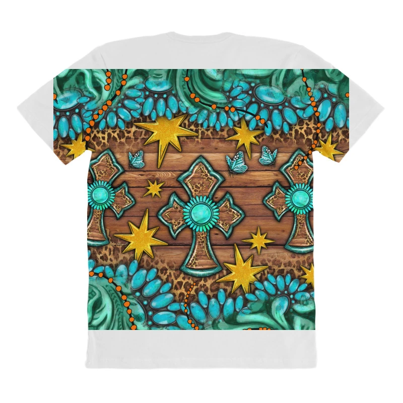 Western Cross With Gemstone And Tooled Leather All Over Women's T-shirt - Image 4