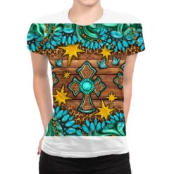 Western Cross With Gemstone And Tooled Leather All Over Women's T-shirt