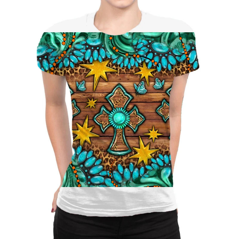 Western Cross With Gemstone And Tooled Leather All Over Women's T-shirt
