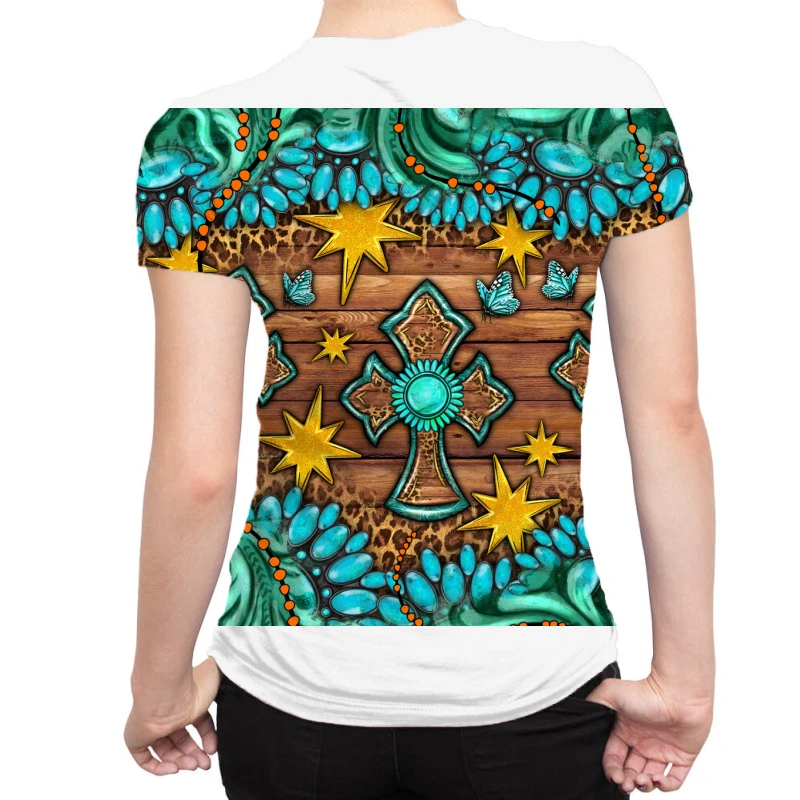 Western Cross With Gemstone And Tooled Leather All Over Women's T-shirt - Image 2